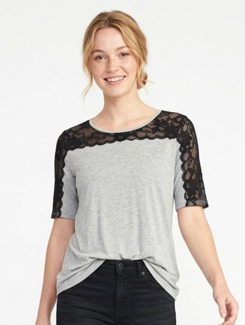 Light Gray Short-Sleeve Tunic with Black Lace Yoke